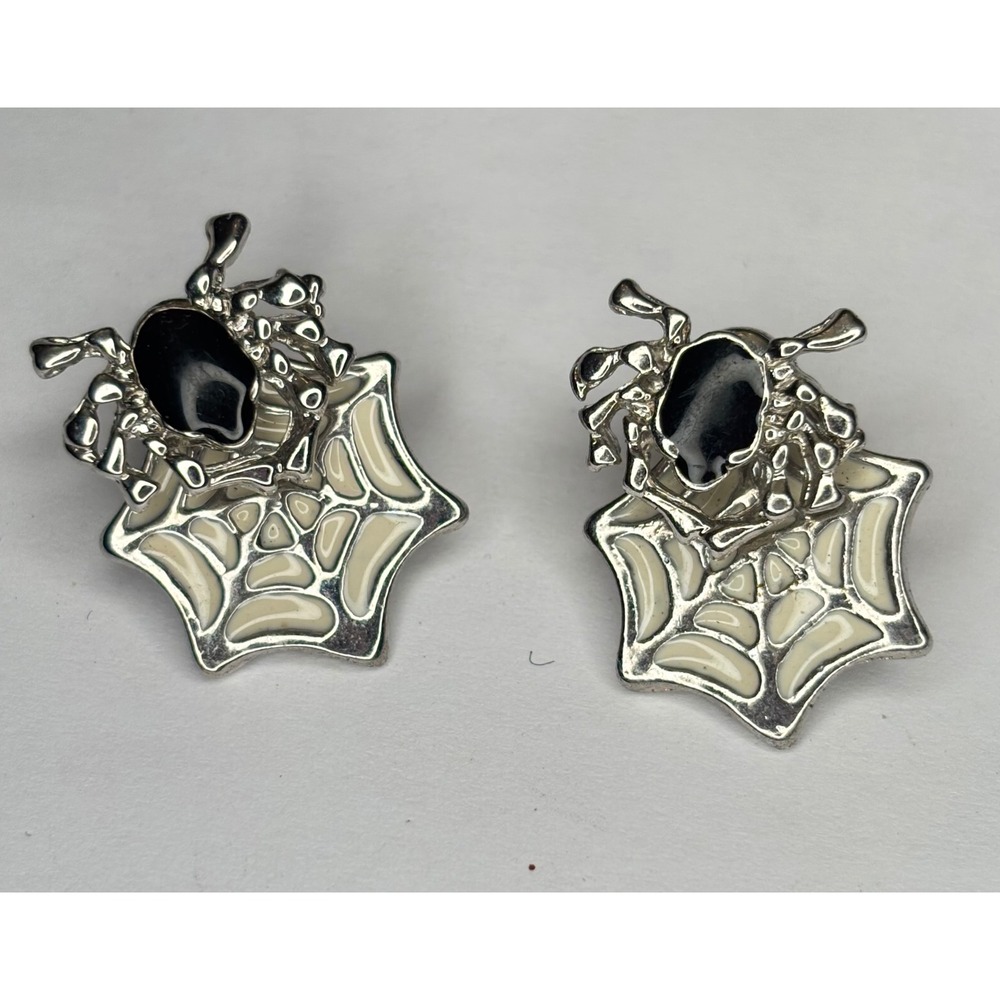Vintage Halloween Earrings Enamel Metal Spider Web Studs Silver Tone